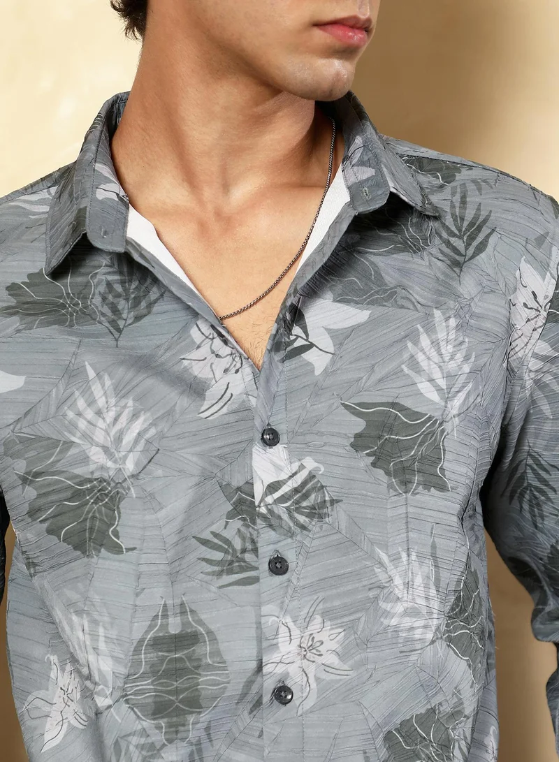 CAHOOT  Men's Moon Grey Leaf-Imprint Foliage-Tactile Shirt for Men | Best Price UAE
