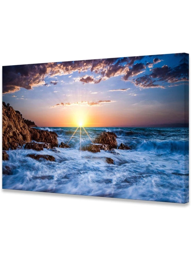 Muolunna BK05869 Wall Art Decor Canvas Print Picture Sunset Blue Ocean 1 Panel Sea Waves Scenery Painting Artwork for Office Wall Decor Home Decoration Stretched and Framed Ready to Hang 24x36inch - Image 1