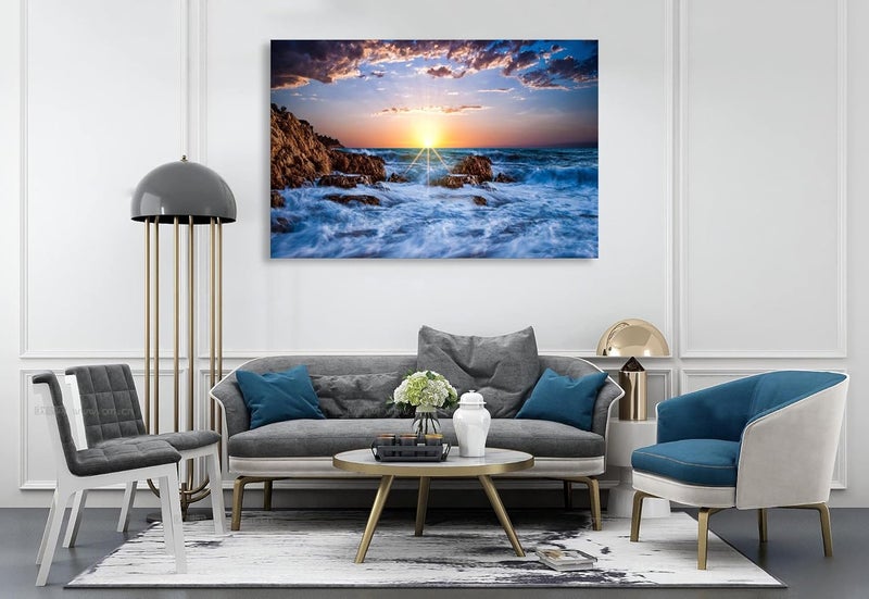 Muolunna BK05869 Wall Art Decor Canvas Print Picture Sunset Blue Ocean 1 Panel Sea Waves Scenery Painting Artwork for Office Wall Decor Home Decoration Stretched and Framed Ready to Hang 24x36inch - Image 2