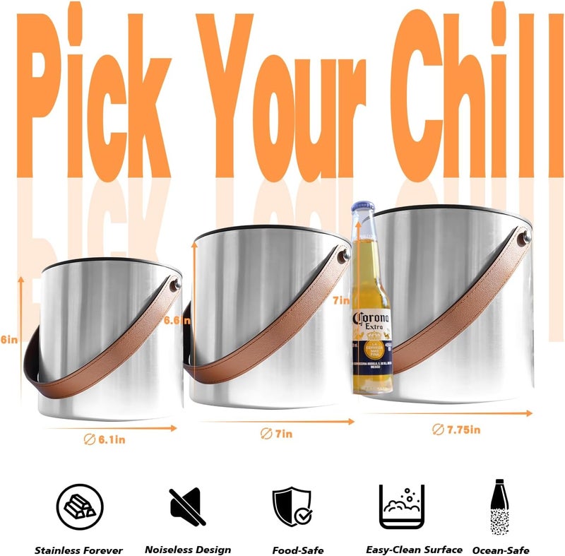 Bakpoco Double-Wall Vacuum Insulated Ice Bucket with Lid, Scoop, Ice Tong, Strainer & Leather Handle Keep Ice Frozen Longer Large Wine Ice Buckets for Cocktail Bar,Parties Chilling Beer Champagne 3L - Image 4