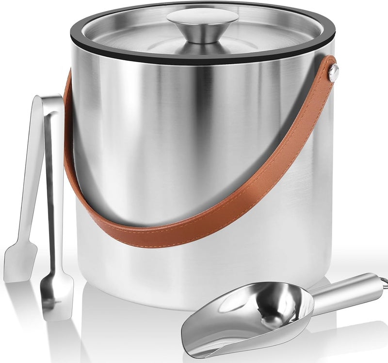 Bakpoco Double-Wall Vacuum Insulated Ice Bucket with Lid, Scoop, Ice Tong, Strainer & Leather Handle Keep Ice Frozen Longer Large Wine Ice Buckets for Cocktail Bar,Parties Chilling Beer Champagne 3L - Image 1