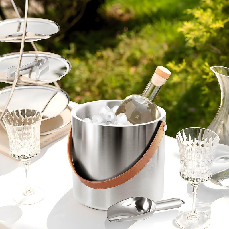 Bakpoco Double-Wall Vacuum Insulated Ice Bucket with Lid, Scoop, Ice Tong, Strainer & Leather Handle Keep Ice Frozen Longer Large Wine Ice Buckets for Cocktail Bar,Parties Chilling Beer Champagne 3L - Image 3