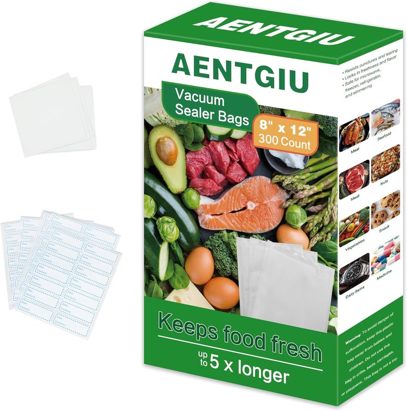 AENTGIU 300-Count Food Vacuum Sealer Bags 8 x 12 inch, Thick BPA-Free Sous Vide Bags Compatible with Most Vac Machines, Food Saver, Seal a Meal, Commercial Grade Quart Precut Meal Prep Storage Bags - Image 1