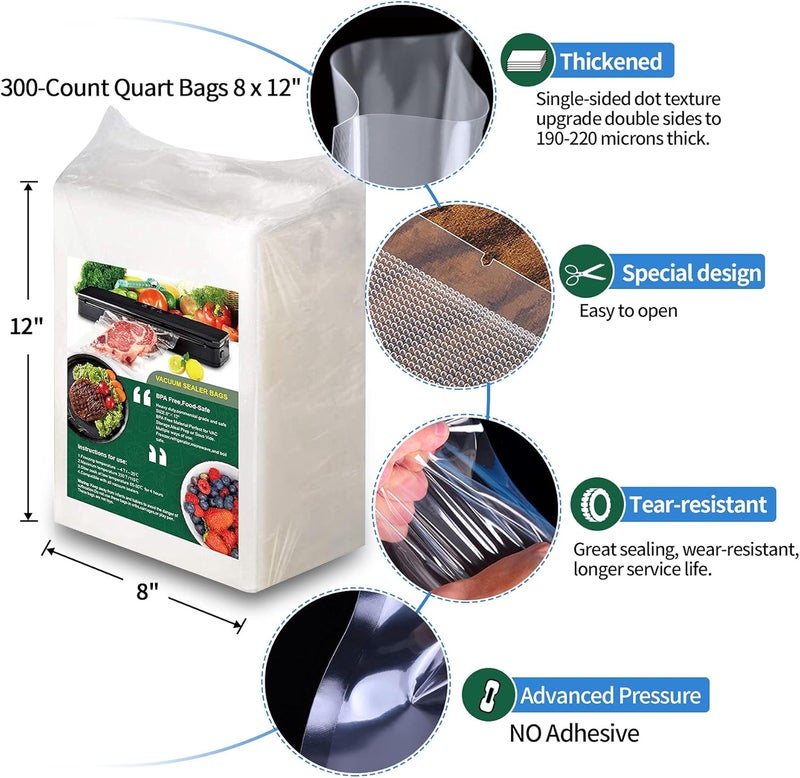 AENTGIU 300-Count Food Vacuum Sealer Bags 8 x 12 inch, Thick BPA-Free Sous Vide Bags Compatible with Most Vac Machines, Food Saver, Seal a Meal, Commercial Grade Quart Precut Meal Prep Storage Bags - Image 4