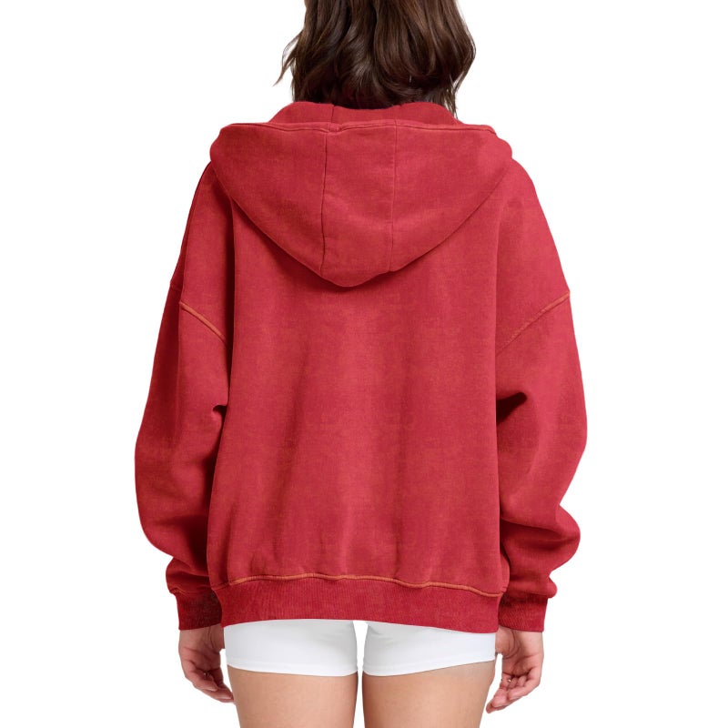 Dnzzs Womens Zip Up Hoodie Oversized Acid Wash Sweatshirts Heavyweight Fall Fashion Outfits Casual Jackets Winter Clothes,Red,Medium - Image 5