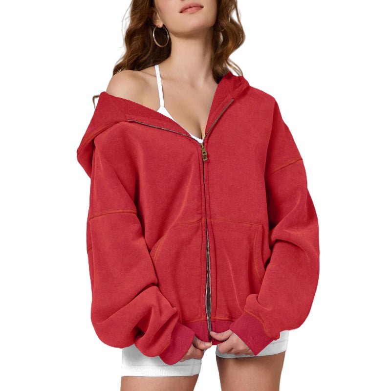 Dnzzs Womens Zip Up Hoodie Oversized Acid Wash Sweatshirts Heavyweight Fall Fashion Outfits Casual Jackets Winter Clothes,Red,Medium - Image 1