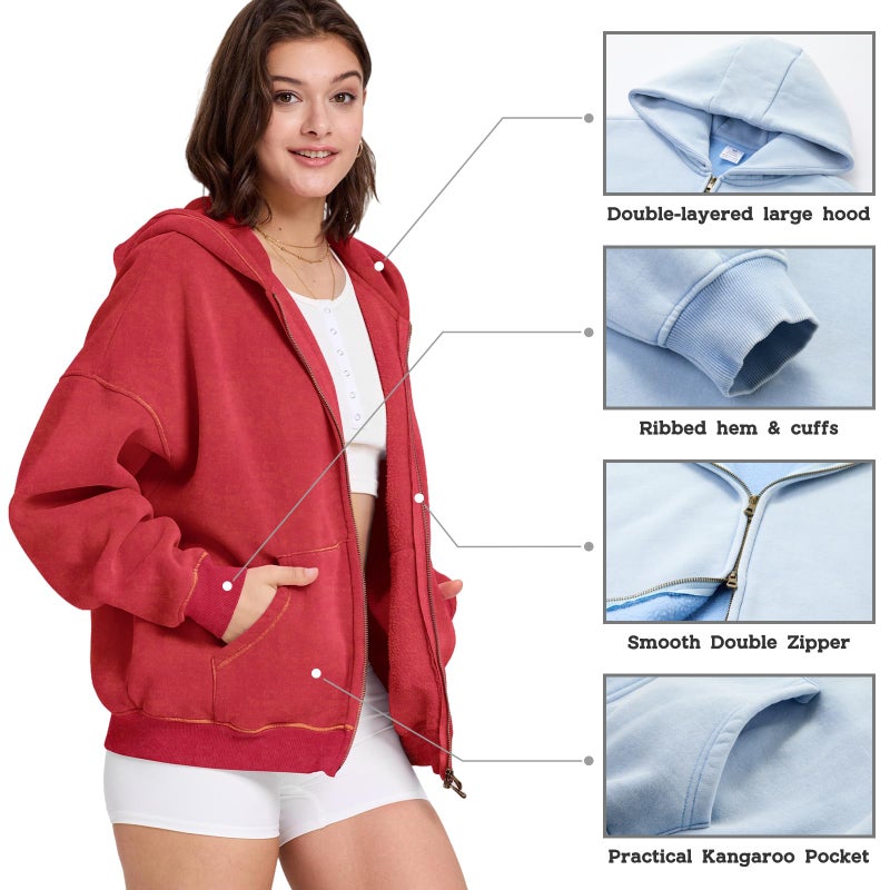 Dnzzs Womens Zip Up Hoodie Oversized Acid Wash Sweatshirts Heavyweight Fall Fashion Outfits Casual Jackets Winter Clothes,Red,Medium - Image 3