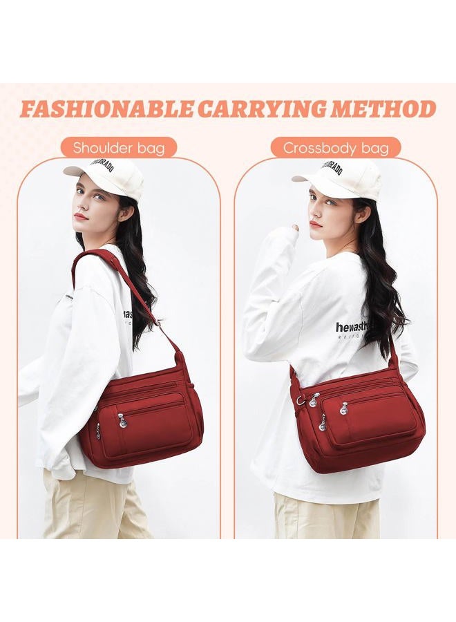 YouNuo Cross body Purse, Nylon Crossbody Bags for Women with Pockets and Compartments, Waterproof Crossbody Shoulder Handbags, Solid Red, Multi Pocket Crossbody Purse - Image 2
