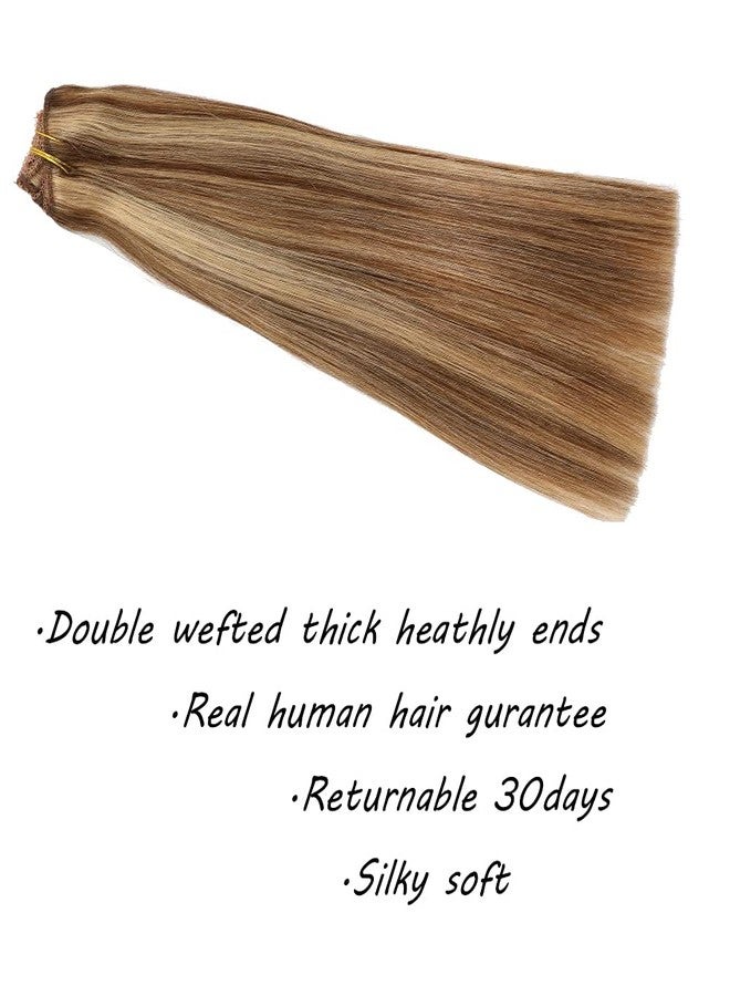 Eufficco Human Hair Lace Clip In Hair Extensions Thick Ends Highlights Piano Color Chocolate Brown/Strawberry Blonde 14inch 100g Remy Hair Extensions Silky Soft Lace Backed Clip Ins - Image 4