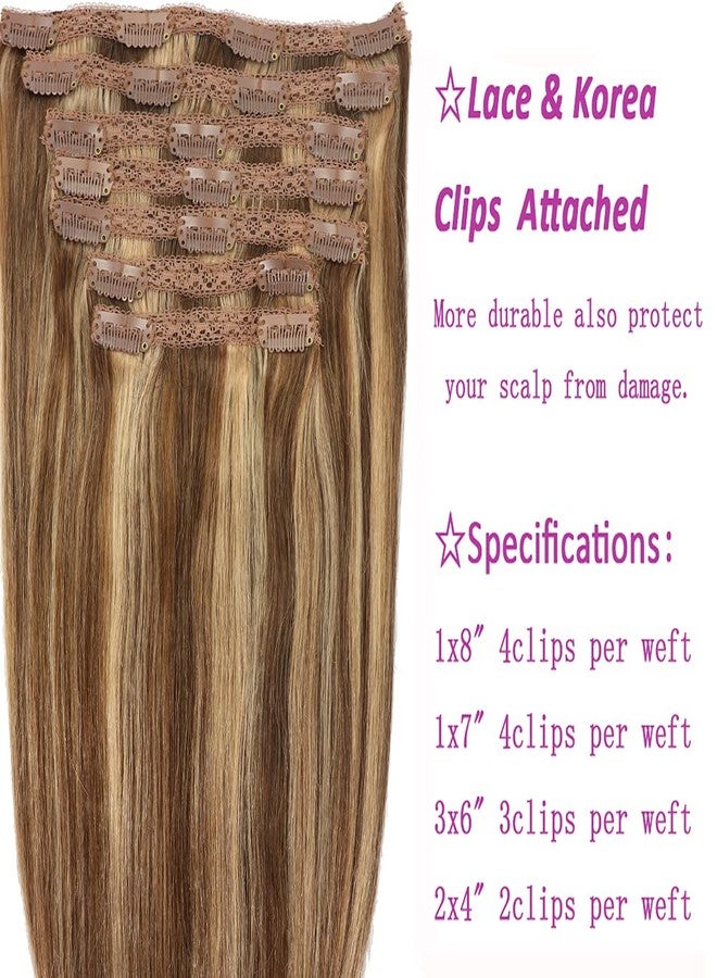 Eufficco Human Hair Lace Clip In Hair Extensions Thick Ends Highlights Piano Color Chocolate Brown/Strawberry Blonde 14inch 100g Remy Hair Extensions Silky Soft Lace Backed Clip Ins - Image 5