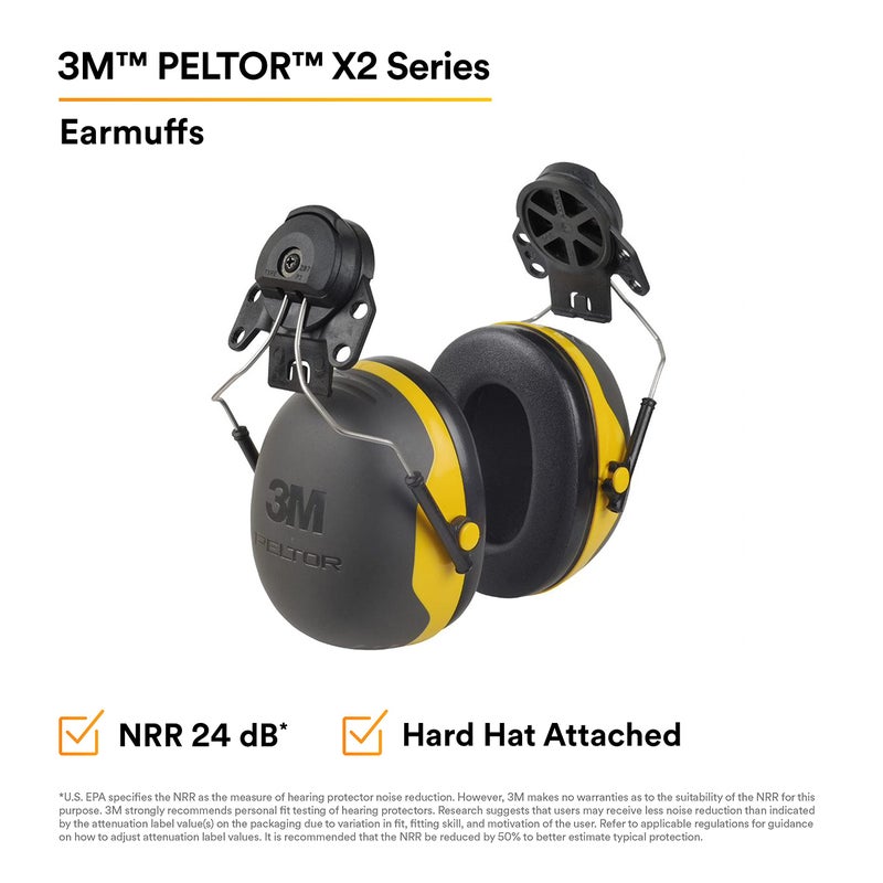 3M PELTOR Hearing Protection Earmuffs, X Series X2P3E, Cap Style Hard Hat Attached, Noise Protection NRR 24 dB, Pack of 1, Construction, Manufacturing, Maintenance, Automotive, Woodwork, Black/Yellow - Image 2