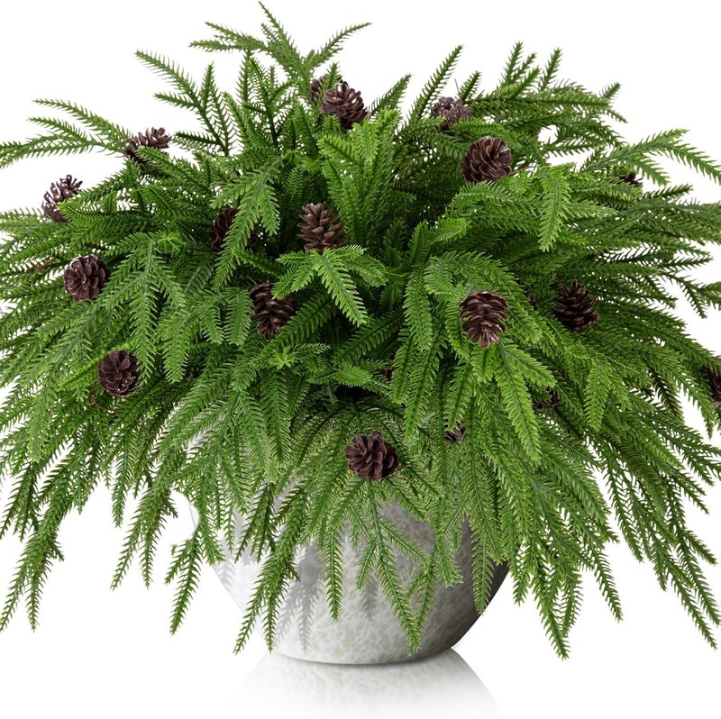 Watayo 10 Pcs Christmas Norfolk Pine Branches with Pine Cones 19 Extra Length Fake Greenery Norfolk Pine Stems Sprigs Artificial Xmas Branches Plants Pine Leaves for DIY Craft Garland Home Decor