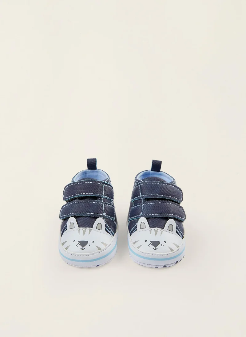 Zippy Fabric Trainers for Newborn Baby Boys 'Cat', Dark Blue/White