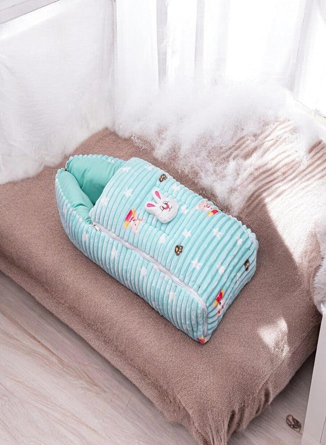 VOIDROP Baby Sleeping Bag Soft Plush Newborn Carry Nest with Hood and Zipper Warm Infant Wrapper for Winter, Travel, Stroller & Home Use Bunny Design, Comfortable for Boys & Girls (Sea Green) - Image 4