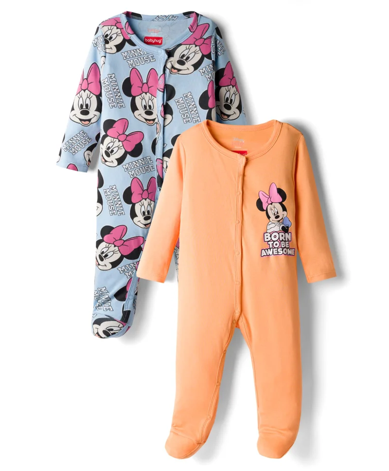 Babyhug Disney Babyhug Disney Interlock Knit Sleepsuits with Minnie Mouse Graphics (Pack of 2) - Orange & Light Blue