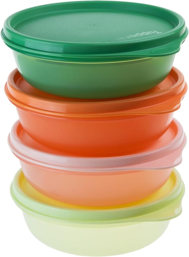 Tupperware Small Hitparade Container Bowl Set of 4 x 300 ml Orange Lime Salmon Green (Includes 1x Magnetic Caterpillar)