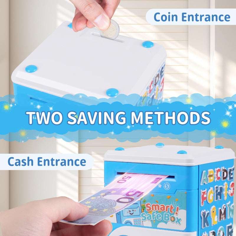 STOPKLAS Piggy Bank for Kids, Electronic Mini ATM Bank with Password for Boys Girls, Money Saving Box with Auto Grab Bill Slot, Cash Coin Can Money Safe Toy, Birthday for Age 3-12, Blue - Image 5