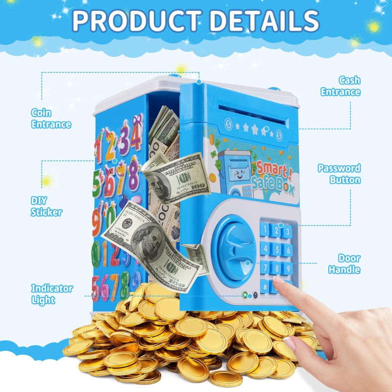 STOPKLAS Piggy Bank for Kids, Electronic Mini ATM Bank with Password for Boys Girls, Money Saving Box with Auto Grab Bill Slot, Cash Coin Can Money Safe Toy, Birthday for Age 3-12, Blue - Image 4