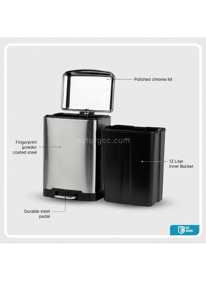Gator Step Garbage Bin | Brushed Stainless Steel Finish | Soft-Closing | Fingerprint-Resistant | Groove Pedal | Suitable For Kitchens & Homes | Metallic Grey | 12 Liters - Image 2