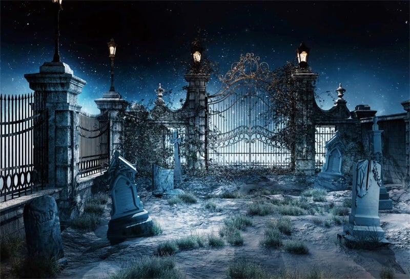 AOFOTO 10x7ft Halloween Night Cemetery Backdrop for Pictures Starry Sky Wild Grass Ancient Building Iron Gate Fence Tombstone Old Graveyard Scene Background Photography Headstone Studio Props Vinyl