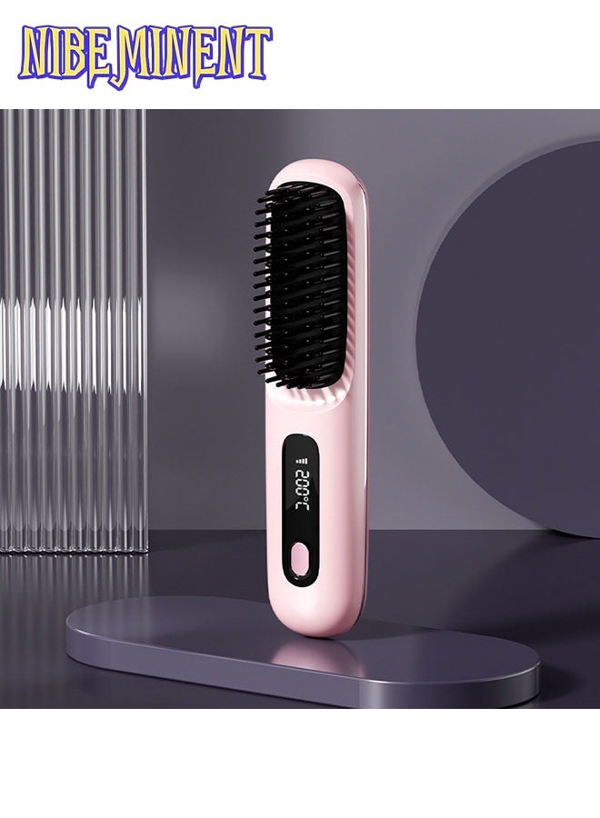 NIBEMINENT Wireless Hair Straightener Brush, Portable Mini Ceramic Ionic Straightening Comb and curler 2 in 1, Thermal Brush 20s Fast Heating & 3 Temp Settings & Anti-Scald - Image 1