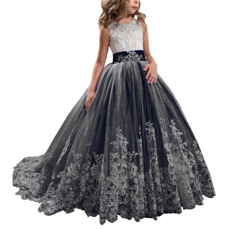WDE Princess Black Long Girls Pageant Dresses Kids Prom Puffy Tulle Ball Gown US 8 - Image 1