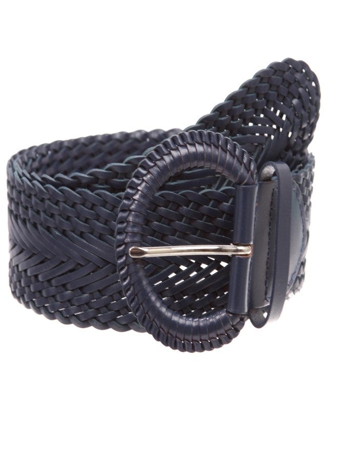 Beltiscool 2 Inch Wide Genuine Leather Braided Woven Round Belt, Navy Blue | M/L - 36" (End to End 41") - Image 1