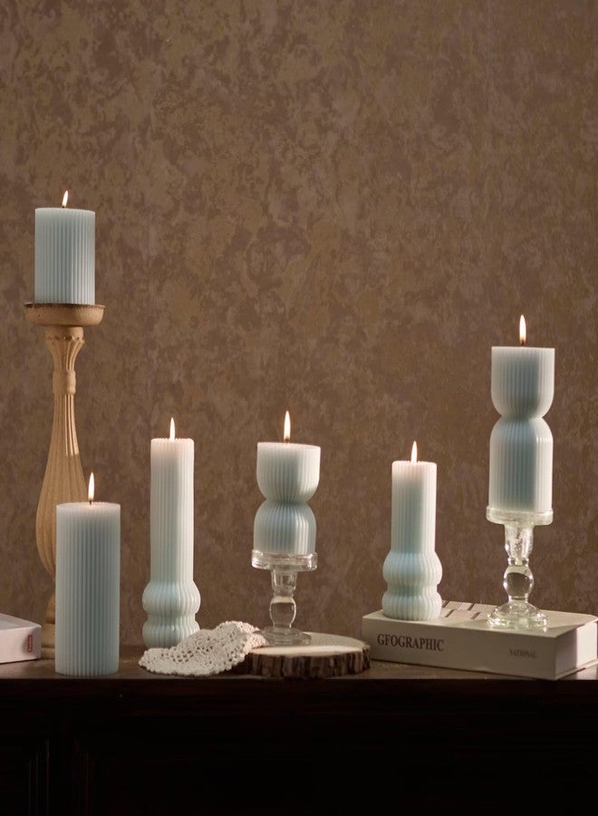 MOZEAL Hand-Poured Pointed Ribbed Soy Pillar Candles Set of 3 - Decorative Baby Blue Unscented Dripless Smokeless (4",6",8") 300 Hr Burn - Stylish Wedding Décor - Image 3