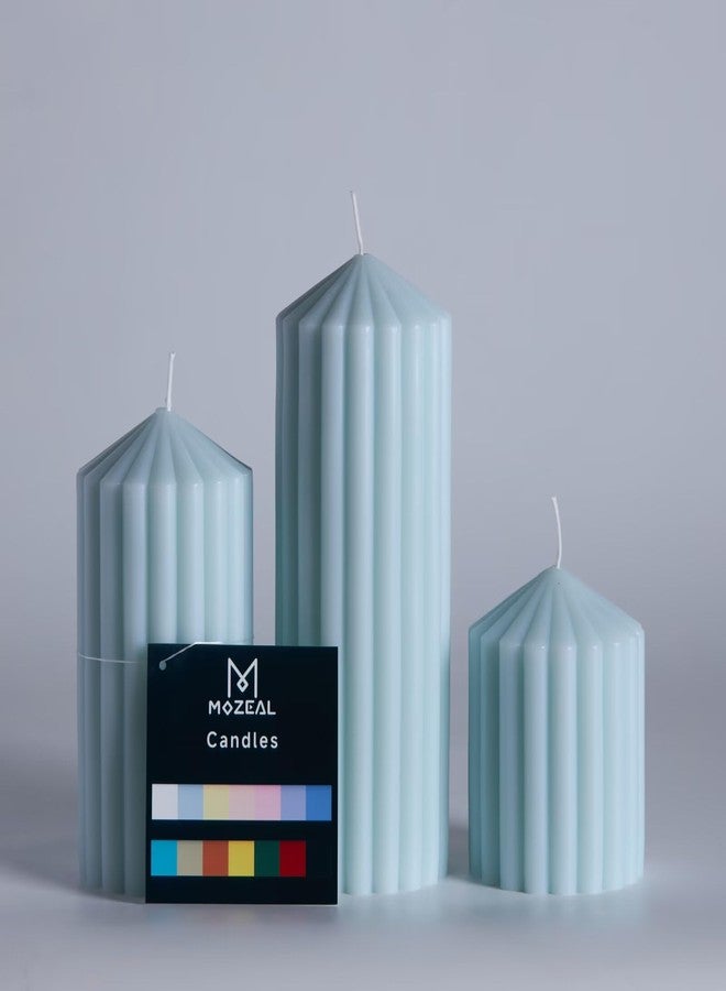 MOZEAL Hand-Poured Pointed Ribbed Soy Pillar Candles Set of 3 - Decorative Baby Blue Unscented Dripless Smokeless (4",6",8") 300 Hr Burn - Stylish Wedding Décor - Image 1