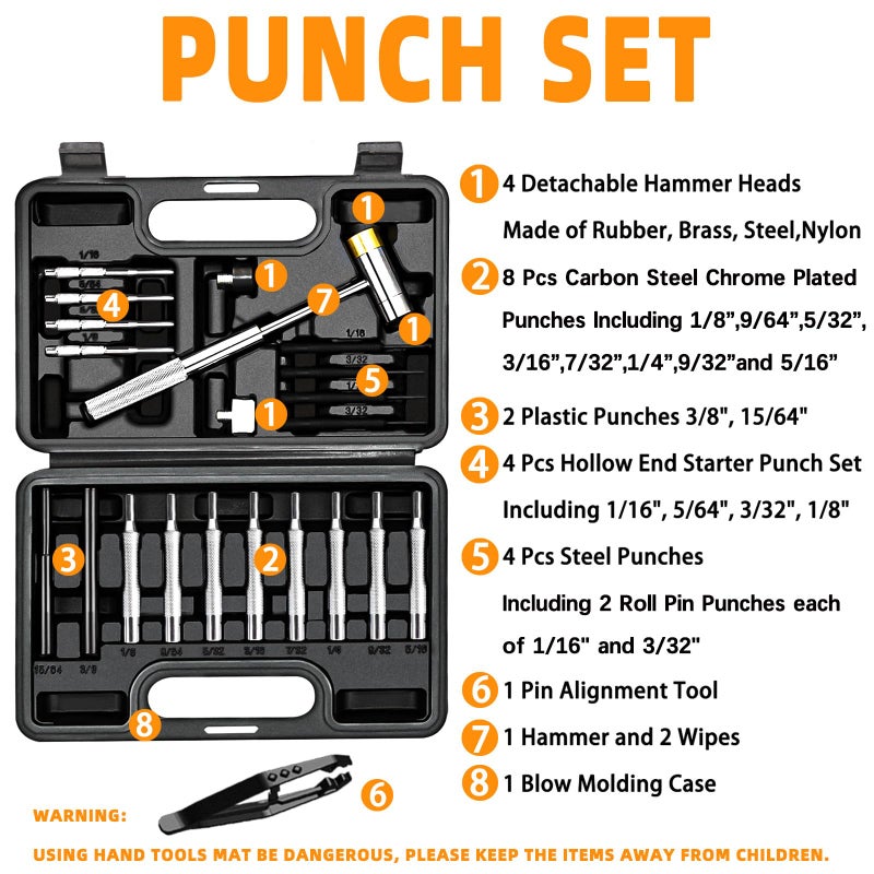 BESTNULE Punch Set, Punch Tools, Roll Pin Punch Set, Made of Solid Material Including Steel Punch and Hammer, Ideal for Machinery Maintenance with Organizer Storage Container (Without Bench Block) - Image 2