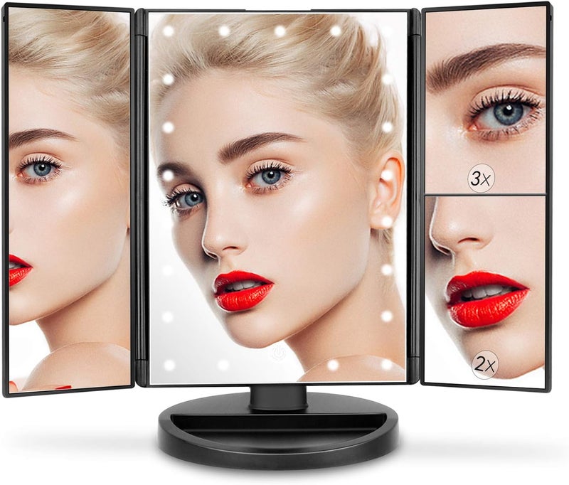 deweisn Tri-Fold Lighted Vanity 2 Power Supply Mode Make up Mirror with 21 LED Lights, Touch Screen and 3X/2X/1X Magnification - Image 5