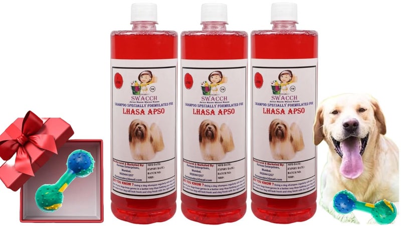 swacch Lhasa Apso Dog Shampoo + Dumbbell Toy I Durable Rubber Dog Toy for Chewing I Playing,Teeth Cleaning & Training Toy I Combo Pack I 1 Litre Pack of 3 Strawberry - Image 1
