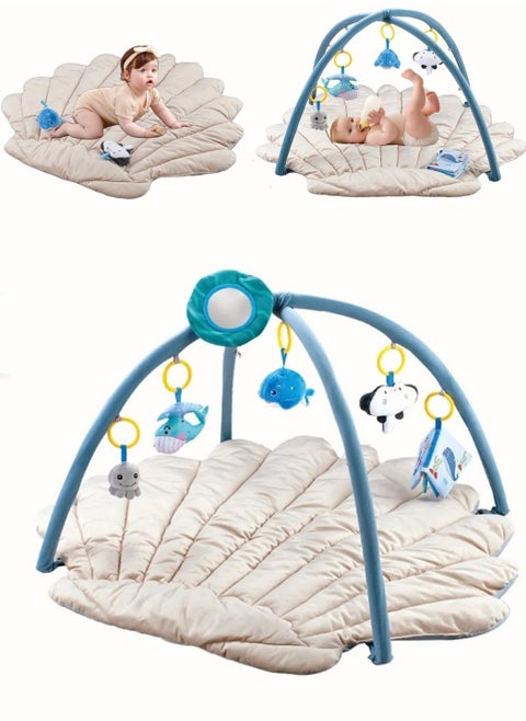 Baby Gym & Activity Mat, Large Play Mat for Newborns, Shell Shaped Playmat with 6 Detachable Toys, Tummy Time Activity Center, Promote Motor Skills & Sensory Development, Machine Washable