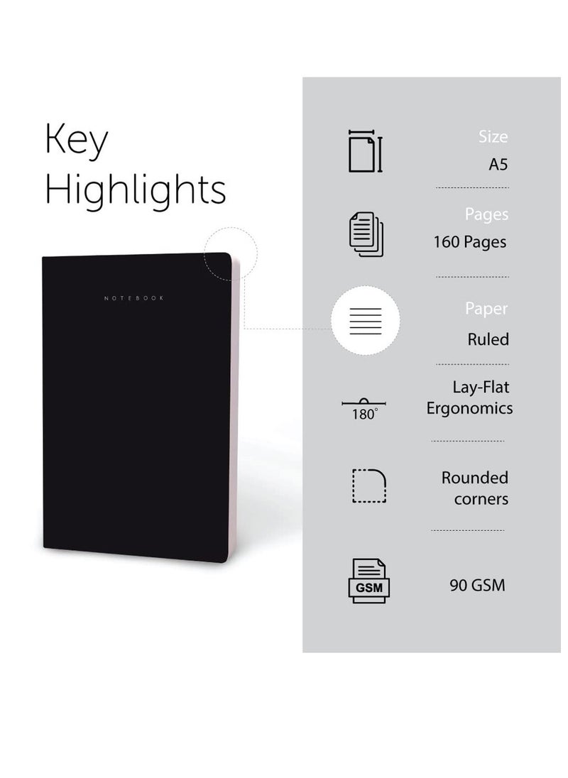 FACTOR NOTES A5 Size Minimalist Softbound Ruled Notebook 160 Pages 90gsm Thickness Black Cover  - Image 2