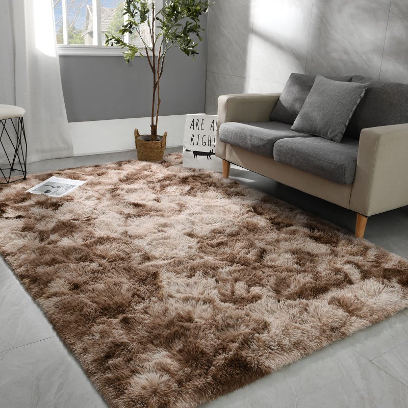 Hutha 4x6 Large Area Rugs for Living Room Super Soft Fluffy Modern Bedroom Rug TieDyed Brown Indoor Shag Fuzzy Carpets for Girls Kids Nursery Room Home Decor