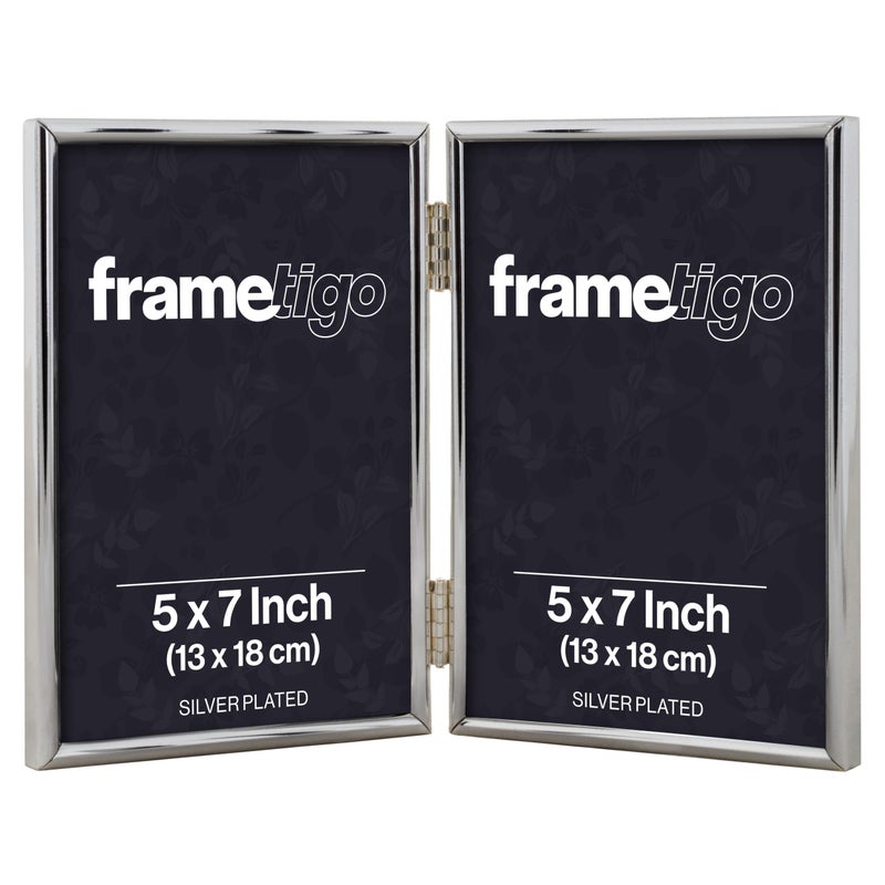 Frametigo  Silver Plated Thin Edge Double Photo Frame 5x7 13x18cm Photo Size  Portrait Orientation  Modern  Sleek Design  Traditional Silver Picture Frames  Tarnish Resistant