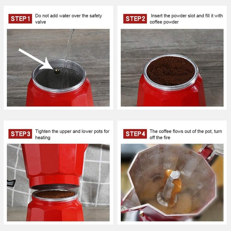 klarako Stovetop Espresso Maker, Classic Stovetop Espresso Maker 6‑Cup Capacity Aluminum Coffee Machine Moka Pot for Office Home Use Moka Maker for Gas or Electric Stove Top(Red) - Image 5