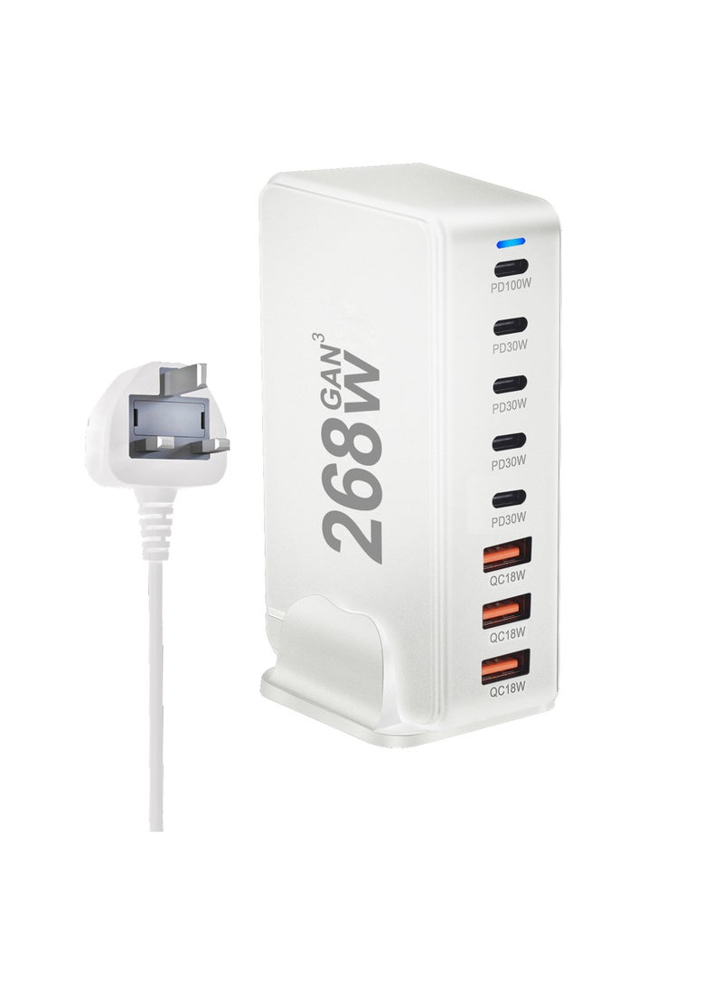 AROAQ 268W Gan USB Type C Fast Charger, Multiple Use 8 Ports PD QC4.0 Laptop Charger, Safe And Durable Desktop Charger Compatible for Macbook Pro/Air/Ipad Pro/Iphone, (268W British Standard, White) - Image 1