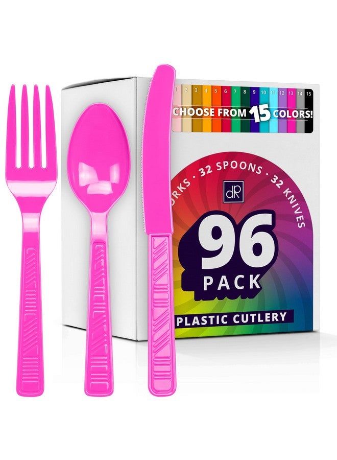 DecorRack Plastic Cutlery Set, Fuschia Pink Plastic Silverware Sets For Parties, 96 Piece Bulk Heavy Duty Plastic Utensils Set (Fuschia Pink, 96 Pieces) - Image 1