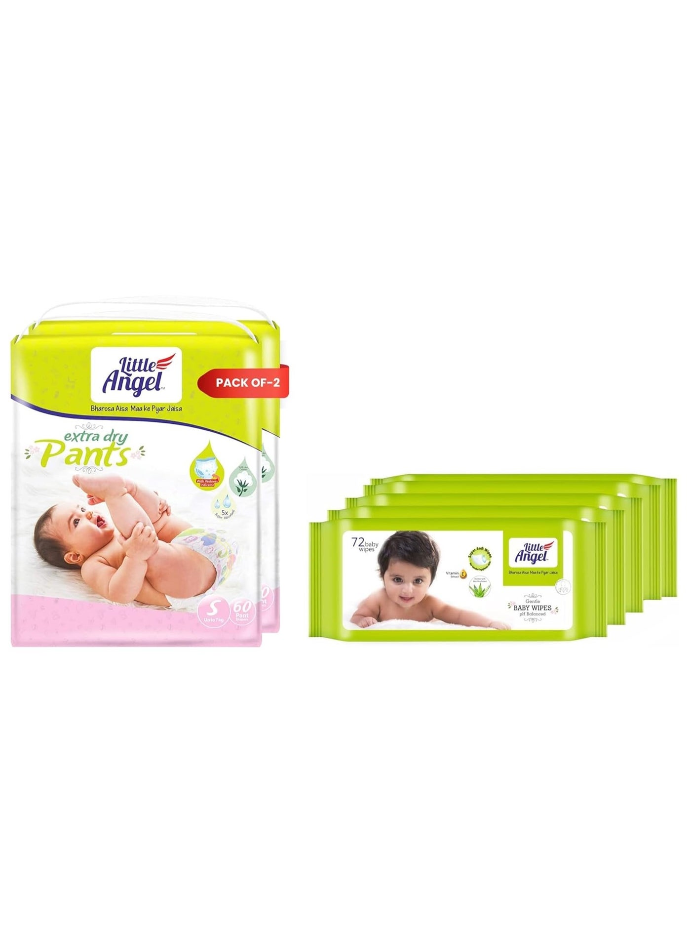 Little Angel Extra Dry Diaper Pants, Small (S) Size 120 Count, Pack of 2 & Soft Cleansing Baby Wipes 360 Count, Enriched with Aloe vera & Vitamin E, Pack of 5, 72 Count/Pack