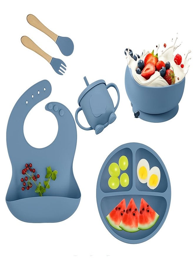 Edtepy 6PCS Silicone Baby Feeding Set - Suction Bowl, Divided Plate, Bib, Spoon, Fork & Sippy Cup | BPA-Free, Food-Grade | Self-Feeding Utensils for Toddlers 6+ Months - Dishwasher Safe (Blue) - Image 1