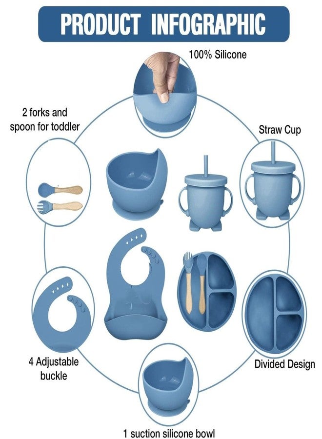 Edtepy 6PCS Silicone Baby Feeding Set - Suction Bowl, Divided Plate, Bib, Spoon, Fork & Sippy Cup | BPA-Free, Food-Grade | Self-Feeding Utensils for Toddlers 6+ Months - Dishwasher Safe (Blue) - Image 2