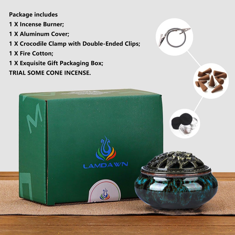 LamDawn Censer Sky Blue Incense Burner with Calabash Incense Stick Holder - Porcelain Charcoal Censer for Use with Resin Granular Powder Cone or Coil Incense (Blue Fambe) - Image 4