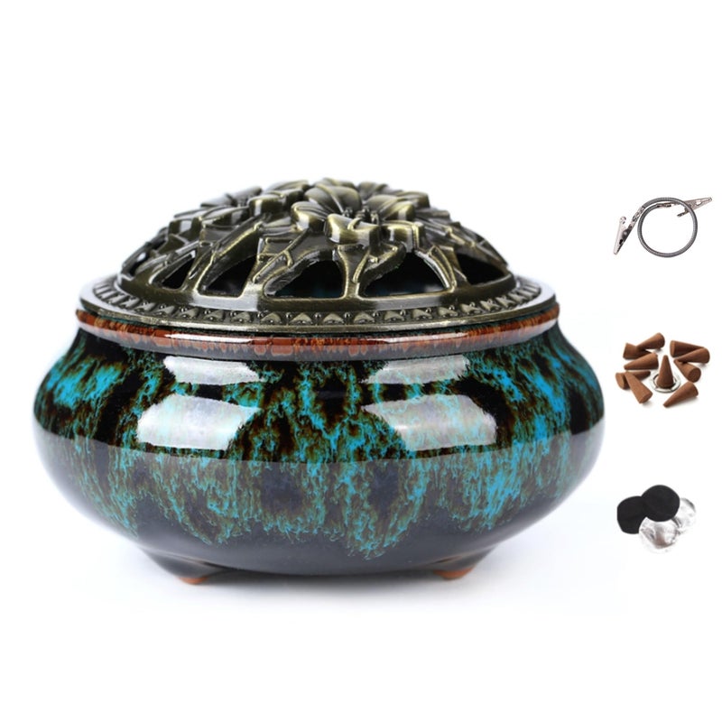 LamDawn Censer Sky Blue Incense Burner with Calabash Incense Stick Holder - Porcelain Charcoal Censer for Use with Resin Granular Powder Cone or Coil Incense (Blue Fambe) - Image 1