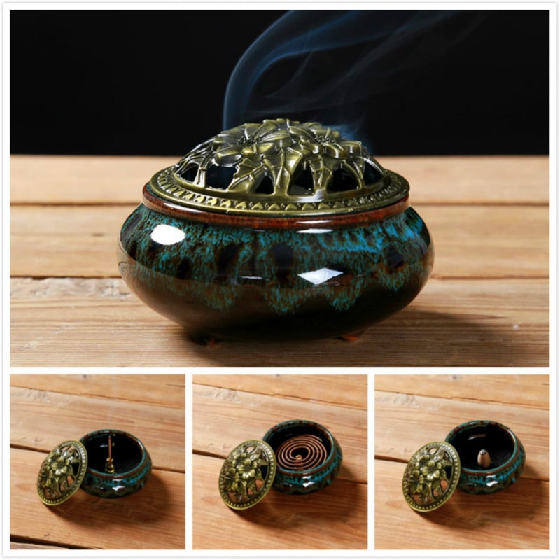 LamDawn Censer Sky Blue Incense Burner with Calabash Incense Stick Holder - Porcelain Charcoal Censer for Use with Resin Granular Powder Cone or Coil Incense (Blue Fambe) - Image 3