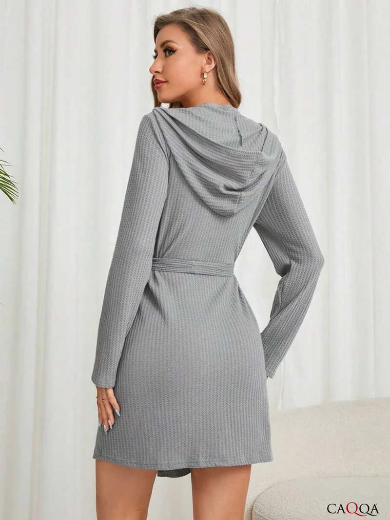 كاكا Hooded Women's Cotton 4 Season Gray Pique Dressing Gown and Bathrobe