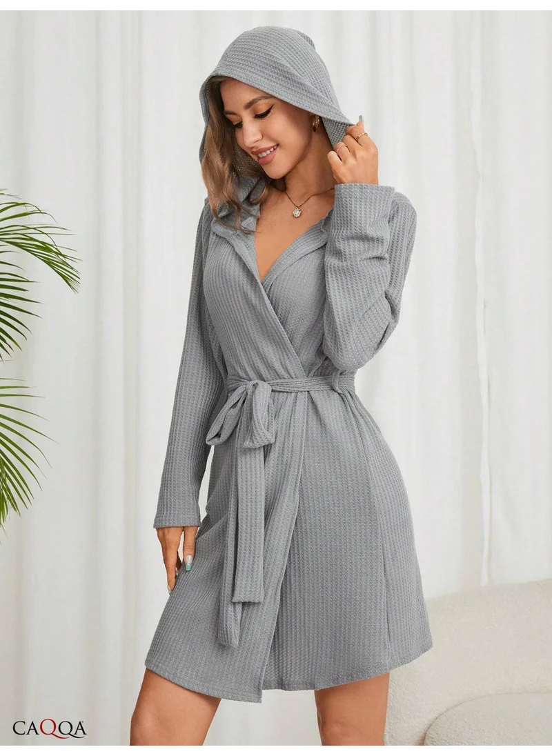 Caqqa Hooded Women's Cotton 4 Season Gray Pique Dressing Gown and Bathrobe