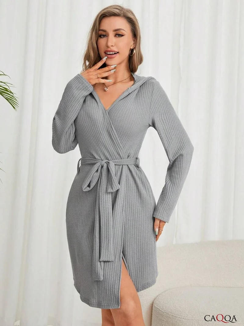 كاكا Hooded Women's Cotton 4 Season Gray Pique Dressing Gown and Bathrobe