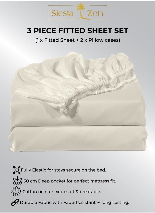 Siesta Zen Siesta Zen™ 3 Pcs Set Premium T250 Cotton Rich Fitted Sheet Set Full Elastic 30cm Deep Pocket Fits for All, Ultra Soft, Breathable, Wrinkle Resistant (1 Fitted+2 Pillowcases)  - Image 1