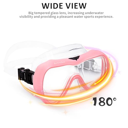 OMGear Diving Mask Snorkeling Gear Kids Adult Snorkel Mask Dive Goggles Silicone Swim Glasses with Nose Cover for Scuba Free Diving Spearfishing Neoprene Strap Cover Impact Resistance (Pink) - Image 5